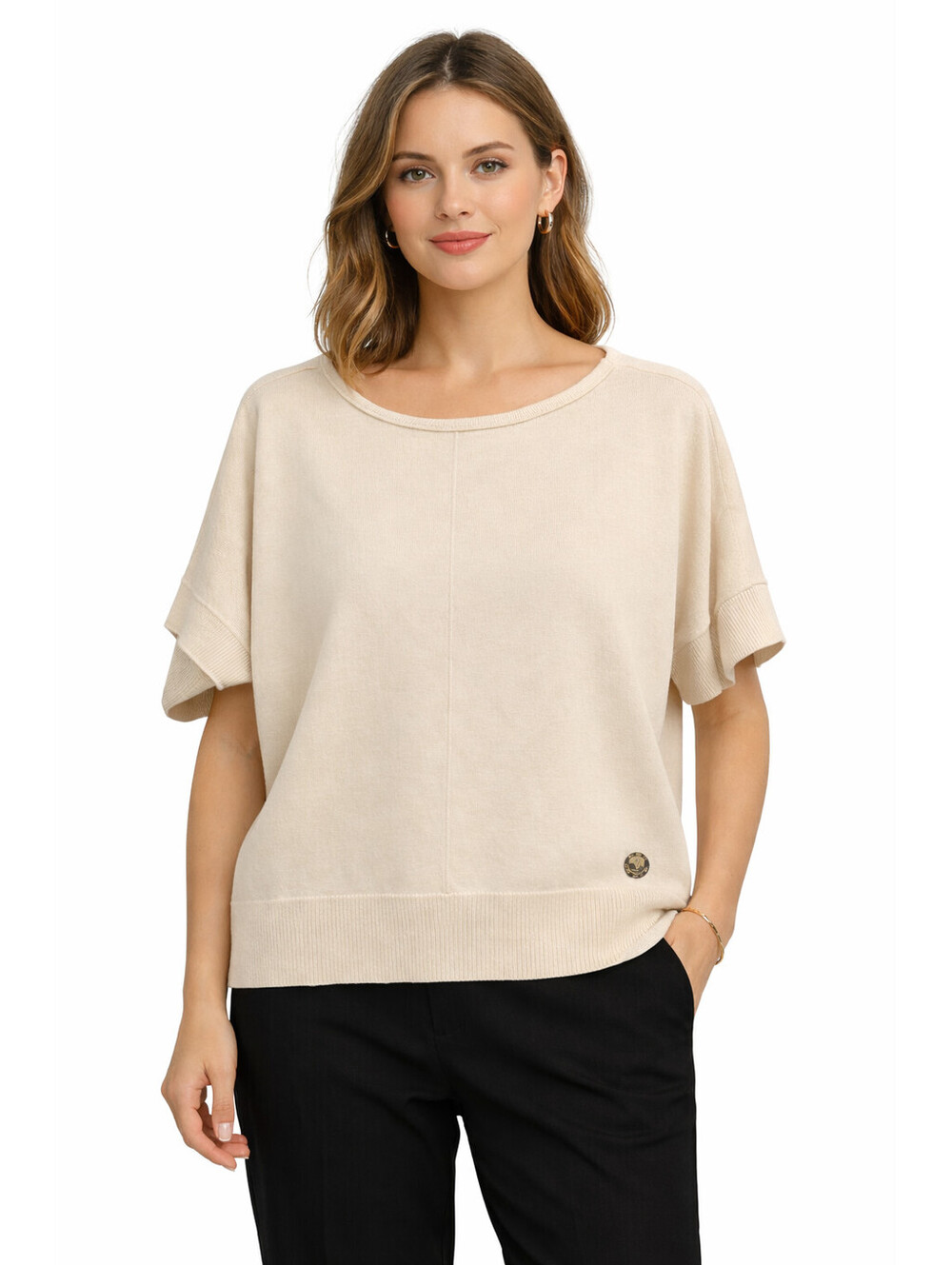 Michael Kors XL Cream Knit Top Short Set-In Sleeve Cotton Blend